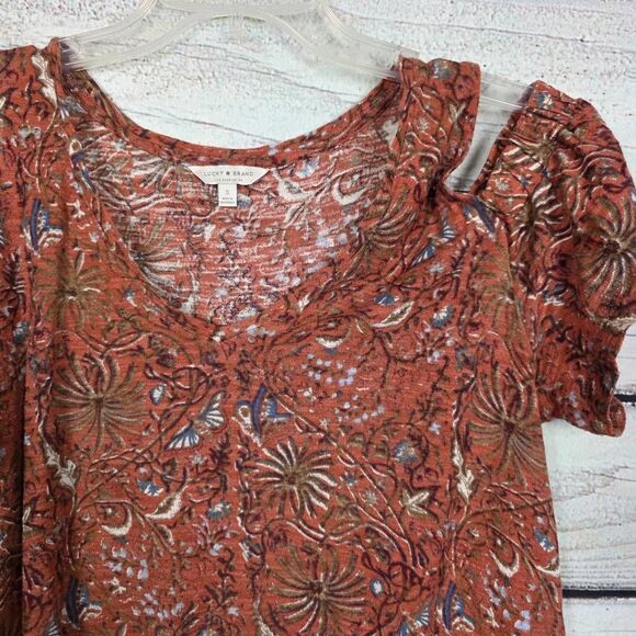 Lucky Brand Rust Floral Cold Shoulder Top S - Picture 3 of 7